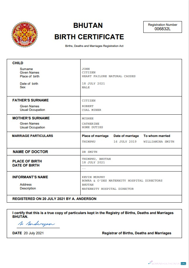 Download Bhutan vital record birth certificate Word and PDF template Photoshop template